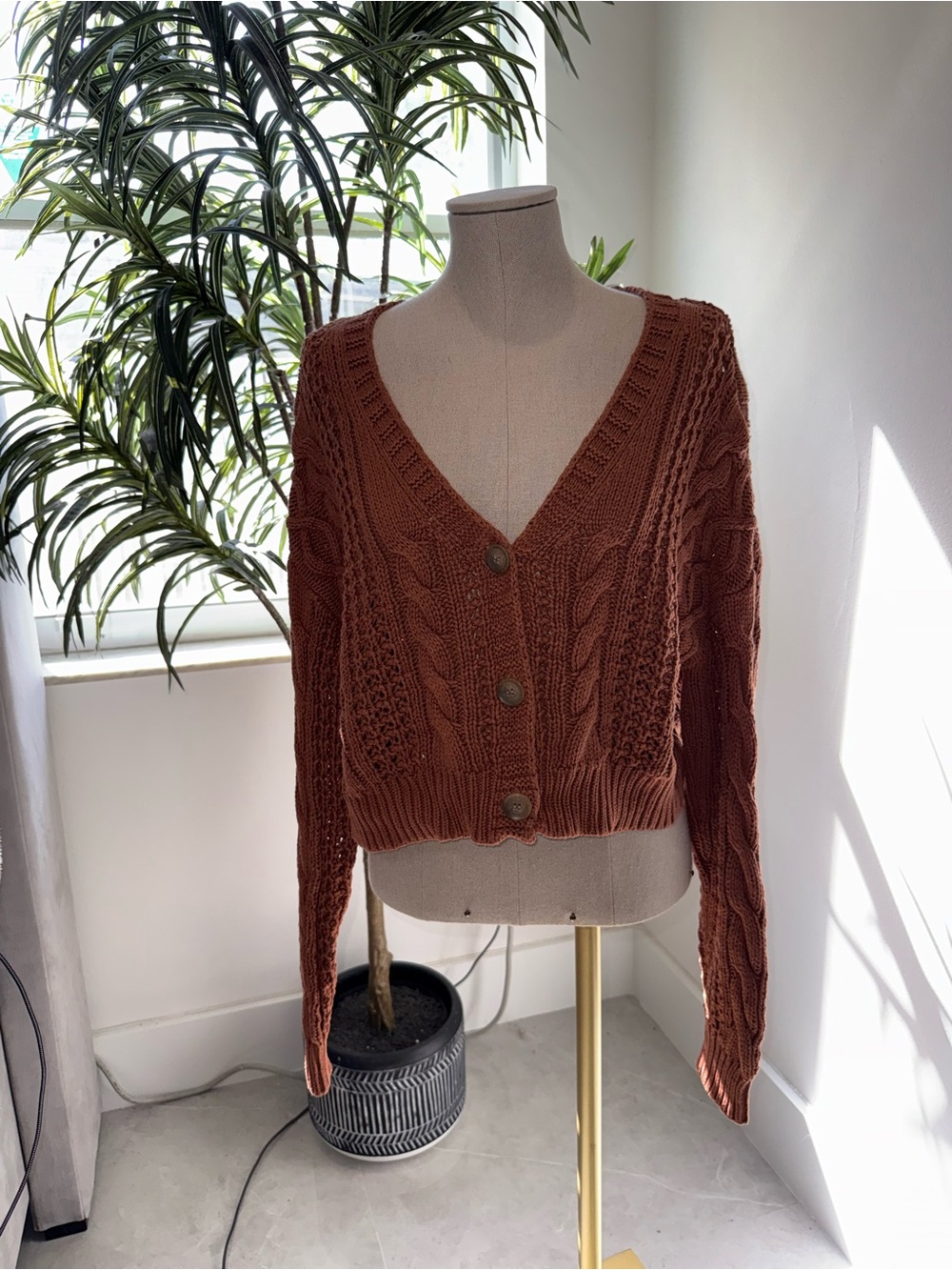 Aeropostale Rust Cable Knit V-Neck Button Cardigan